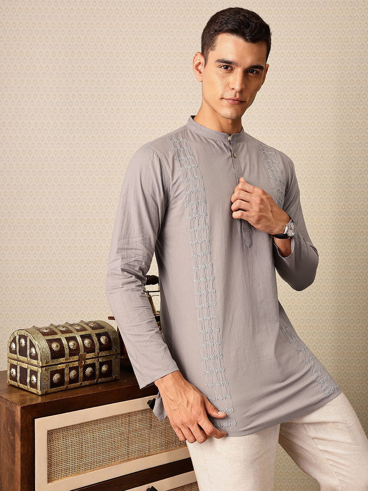 House of Pataudi Floral Embroidered Band Collar Thread Work Pure Cotton Jashn Kurta