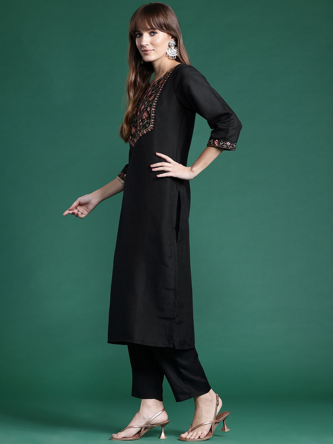 Indo Era Floral Yoke Design Thread Work Kurta With Trousers & Dupatta