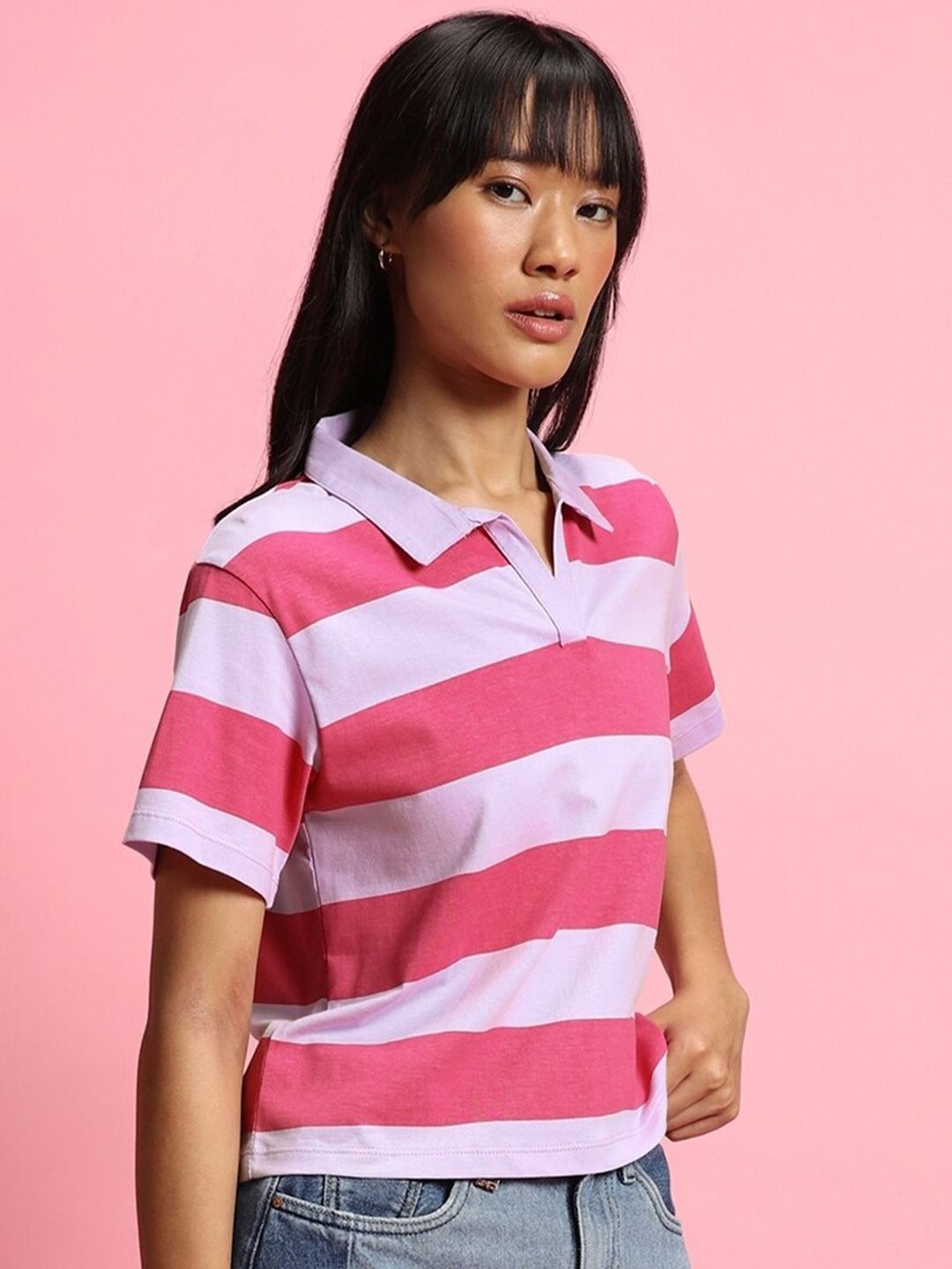 Bewakoof Women Striped Polo Collar  Oversized T-shirt