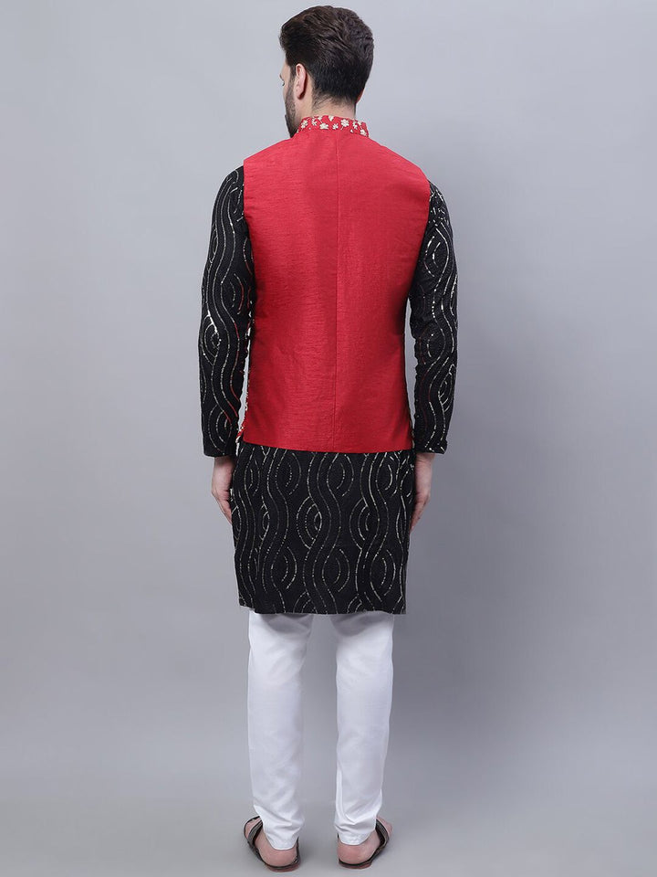 SOJANYA Leheriya Embroidered Sequinned Pure Cotton Kurta with Pyjamas & Nahru Jacket