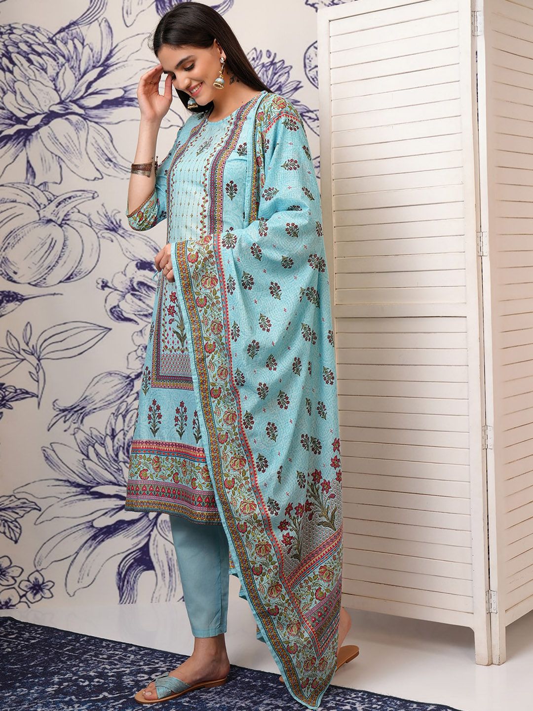 Vishudh Floral Printed Regular Pure Cotton Straight Kurta with Trousers & Dupatta