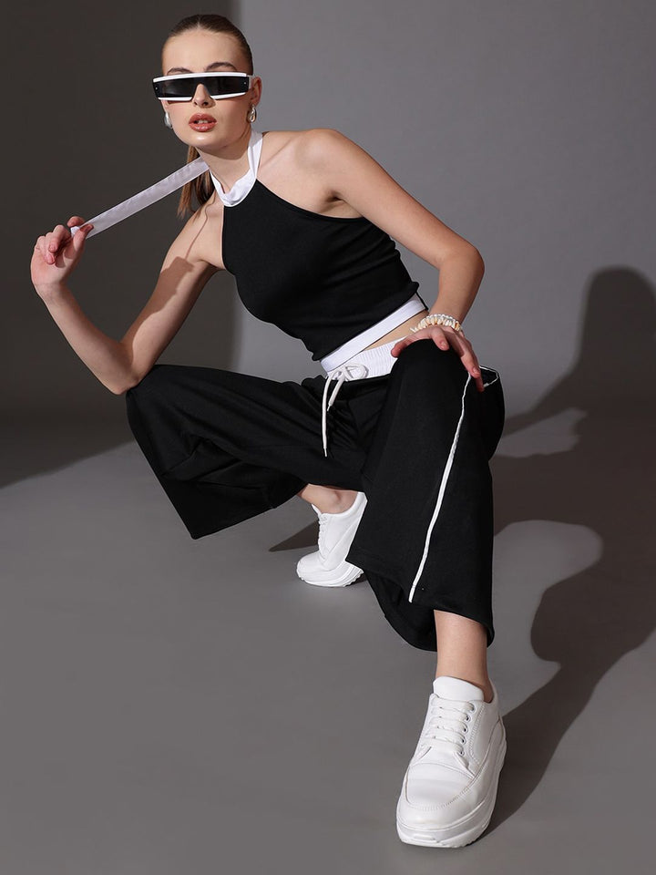 STREET 9 Pure Cotton Solid Halter Neck Top & Trousers Co-Ord Set
