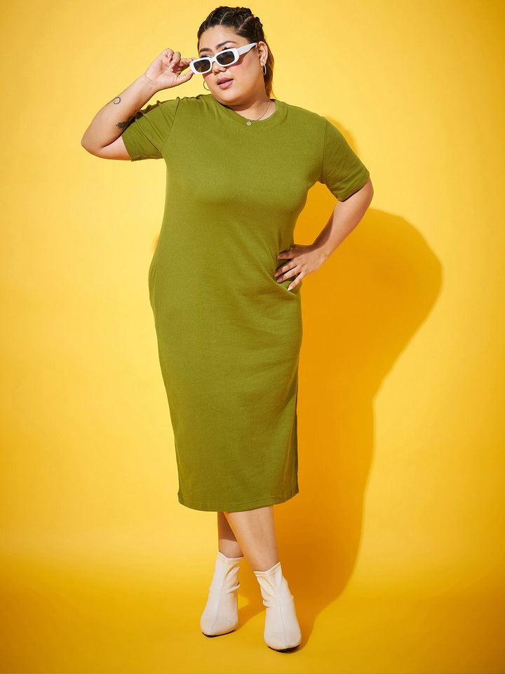 SASSAFRAS Curve Plus Size Round Neck Cotton Sheath Midi Dress