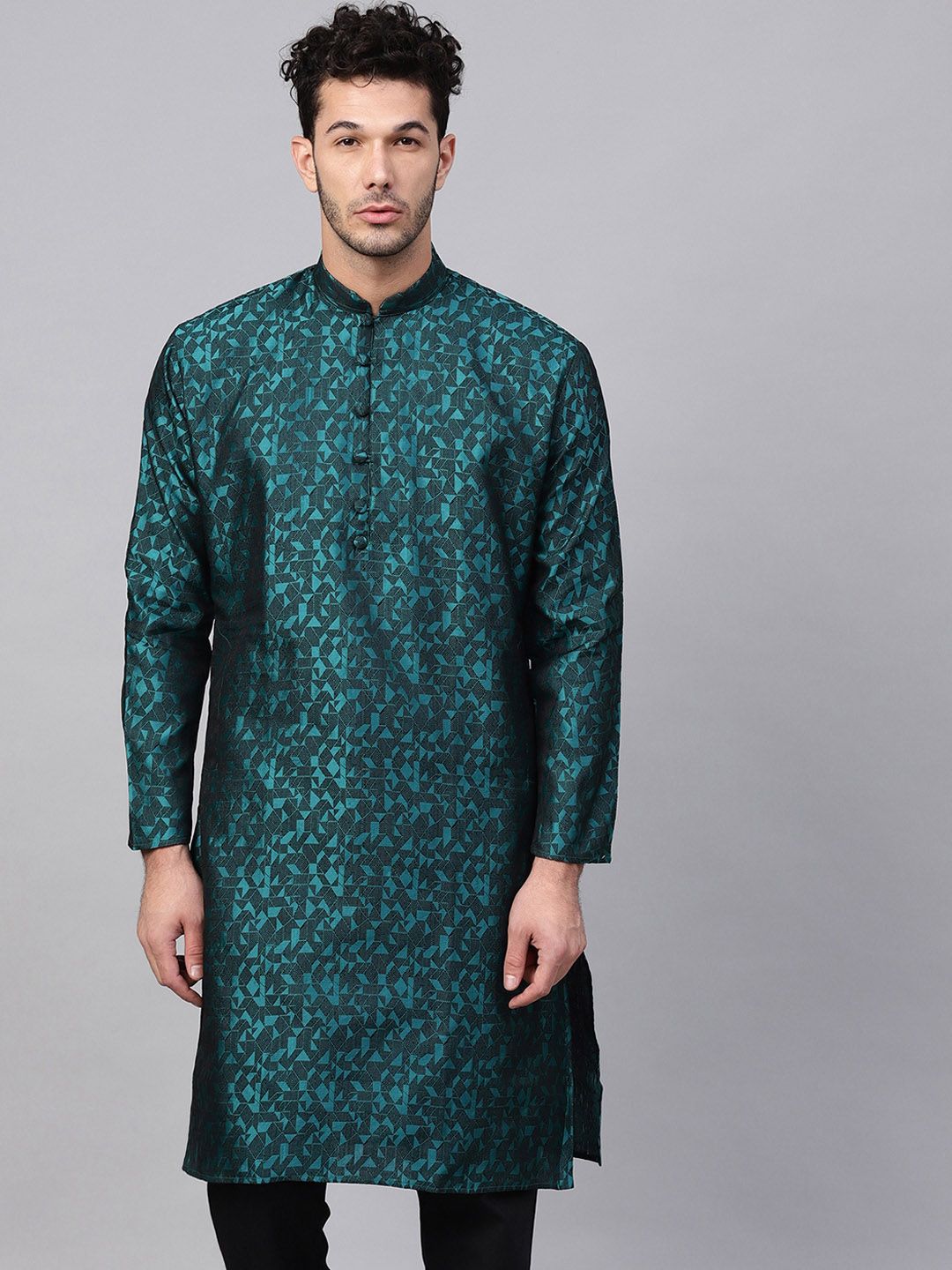 SOJANYA Men Teal Woven Design Straight Kurta