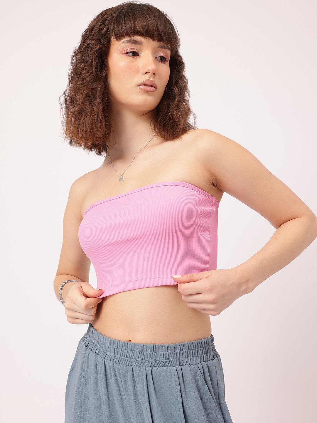 DressBerry Blush & Bold Ribbed Bandeau Crop Top