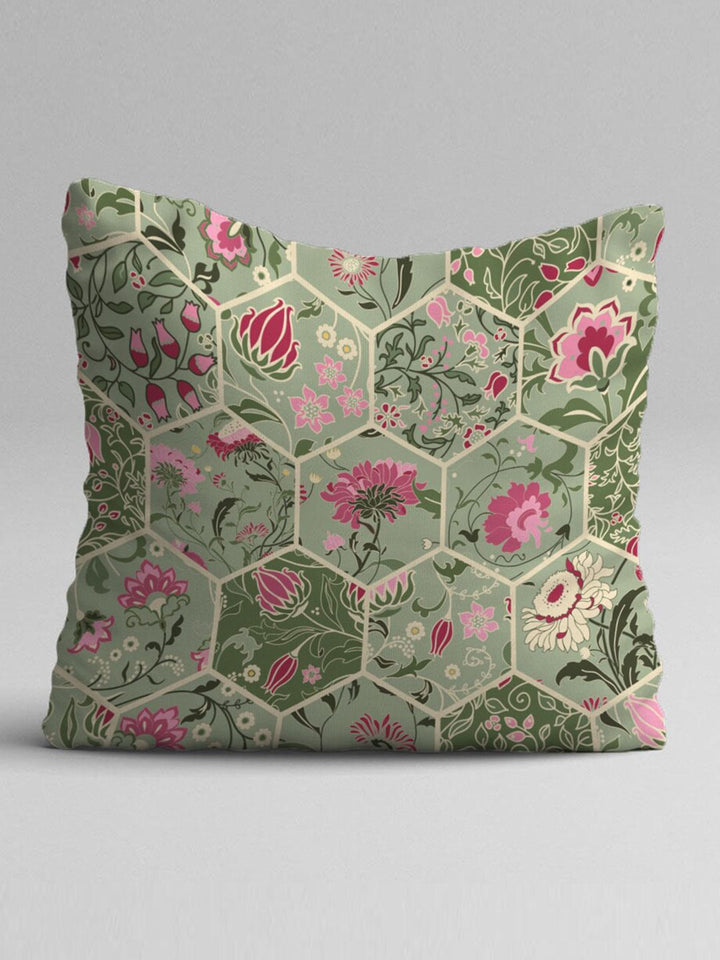 STITCHNEST Green & Yellow Set of 5 Floral Square Cushion Covers