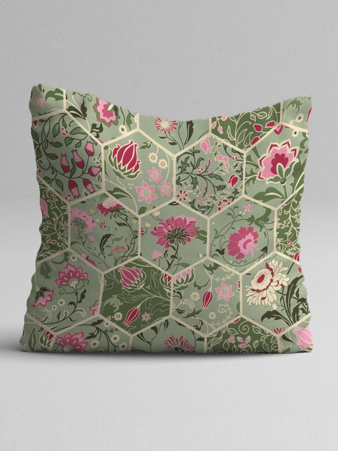 STITCHNEST Green & Yellow Set of 5 Floral Square Cushion Covers