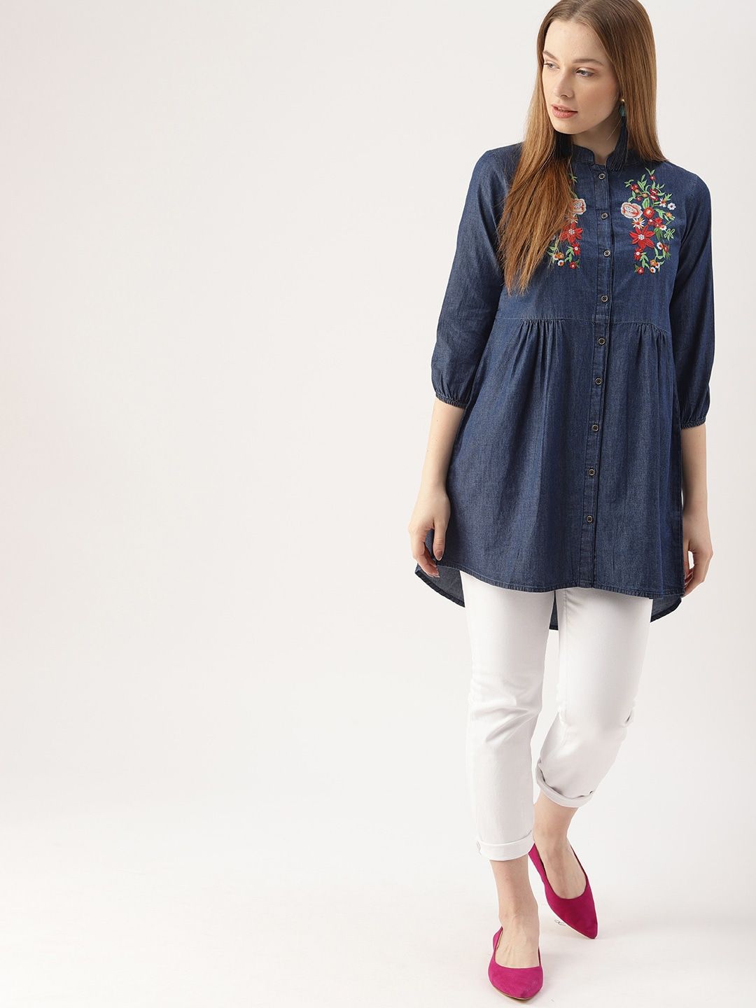 DressBerry Blue Self Design High-Low Chambray Pure Cotton Top