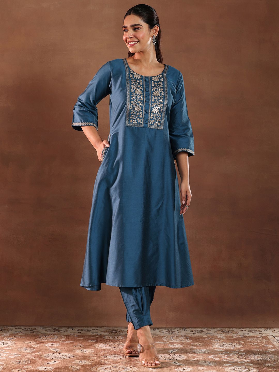 Libas Floral Yoke Design Sequinned Straight Kurta With Trouser