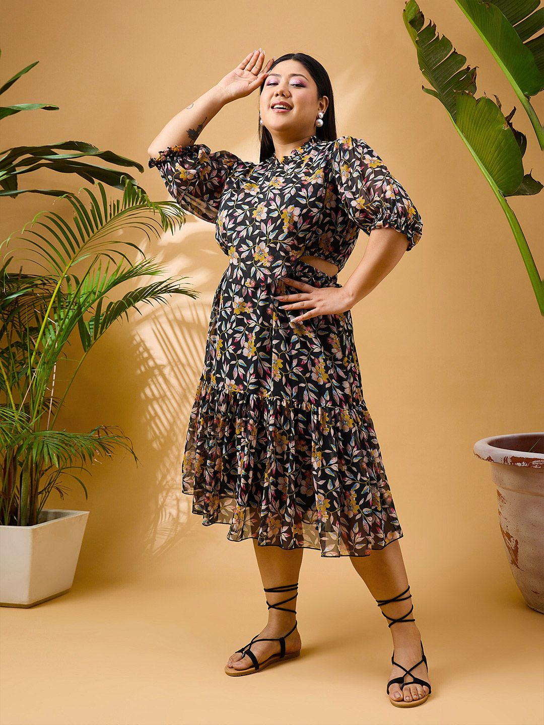 SASSAFRAS Curve Plus Size Floral Printed Tiered Georgette Fit and Flare Midi Dress