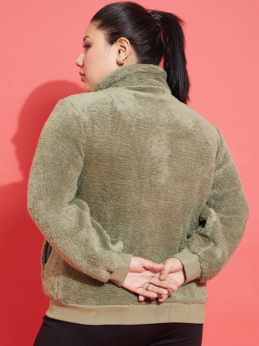 SASSAFRAS Curve Plus Size Grey Self Design Mock Collar Tailored Jacket