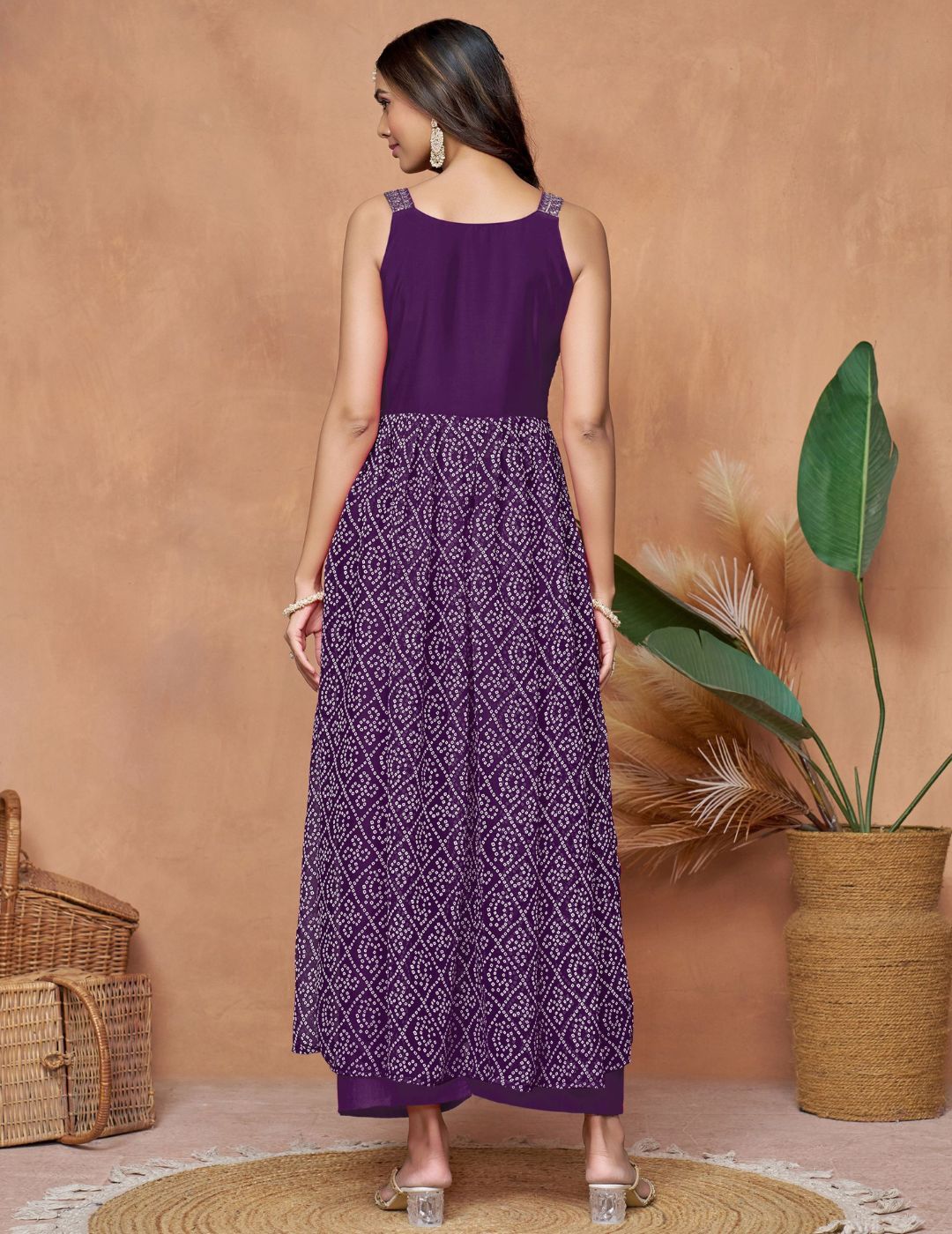 Kalini Georgette Bandhani Printed Square Neck Zari Work Anarkali Kurta