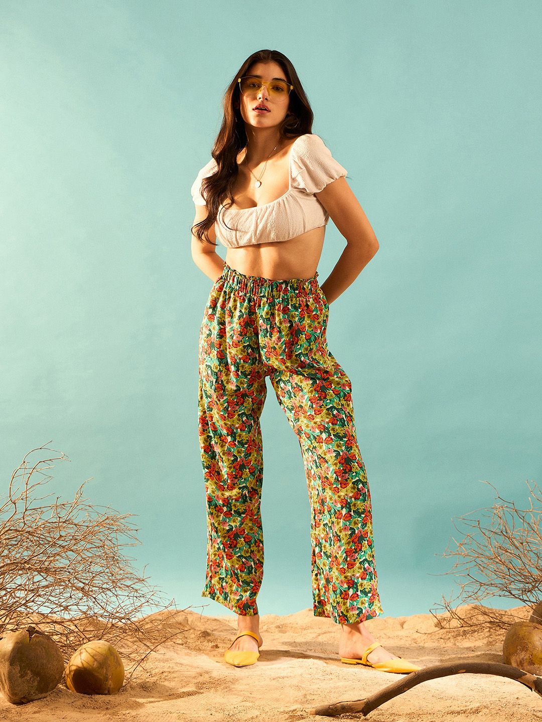Berrylush Women Floral Printed Relaxed Straight Leg Regular Fit High-Rise Plain Trousers