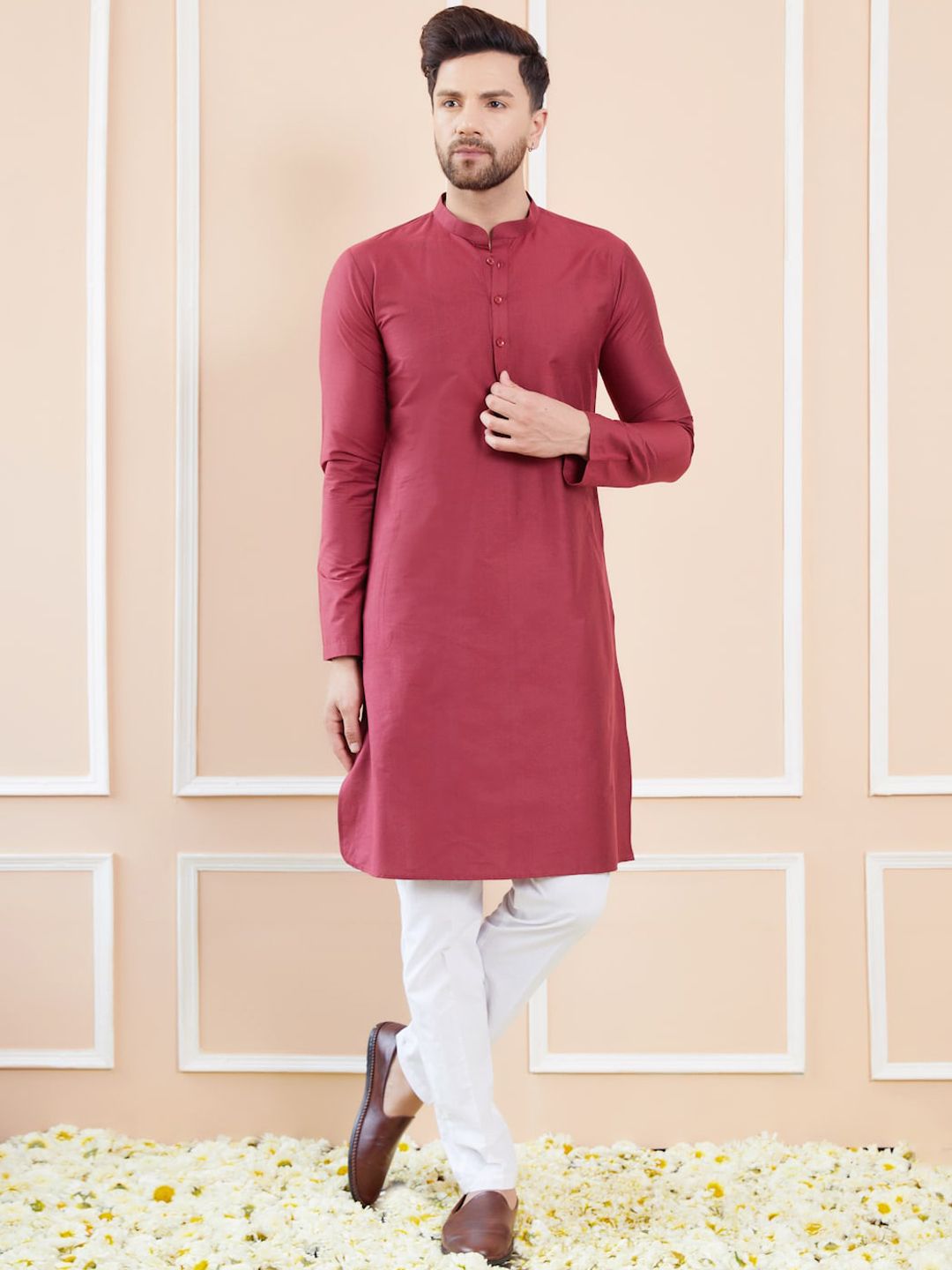 See Designs Mandarin Collar Long Sleeves Pure Cotton Straight Kurta With Pyjamas