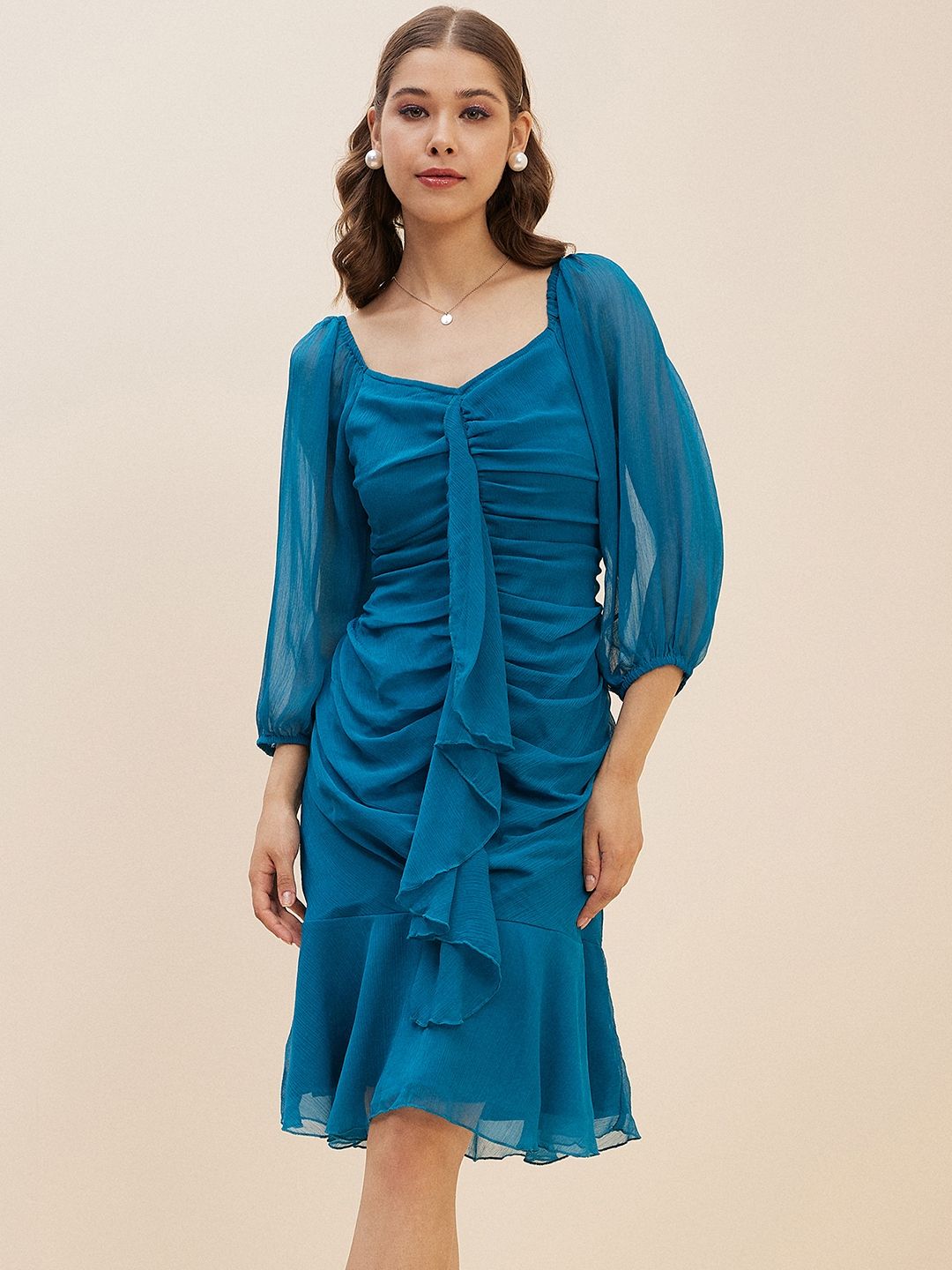 Antheaa Teal Puff Sleeve Chiffon A-Line Dress