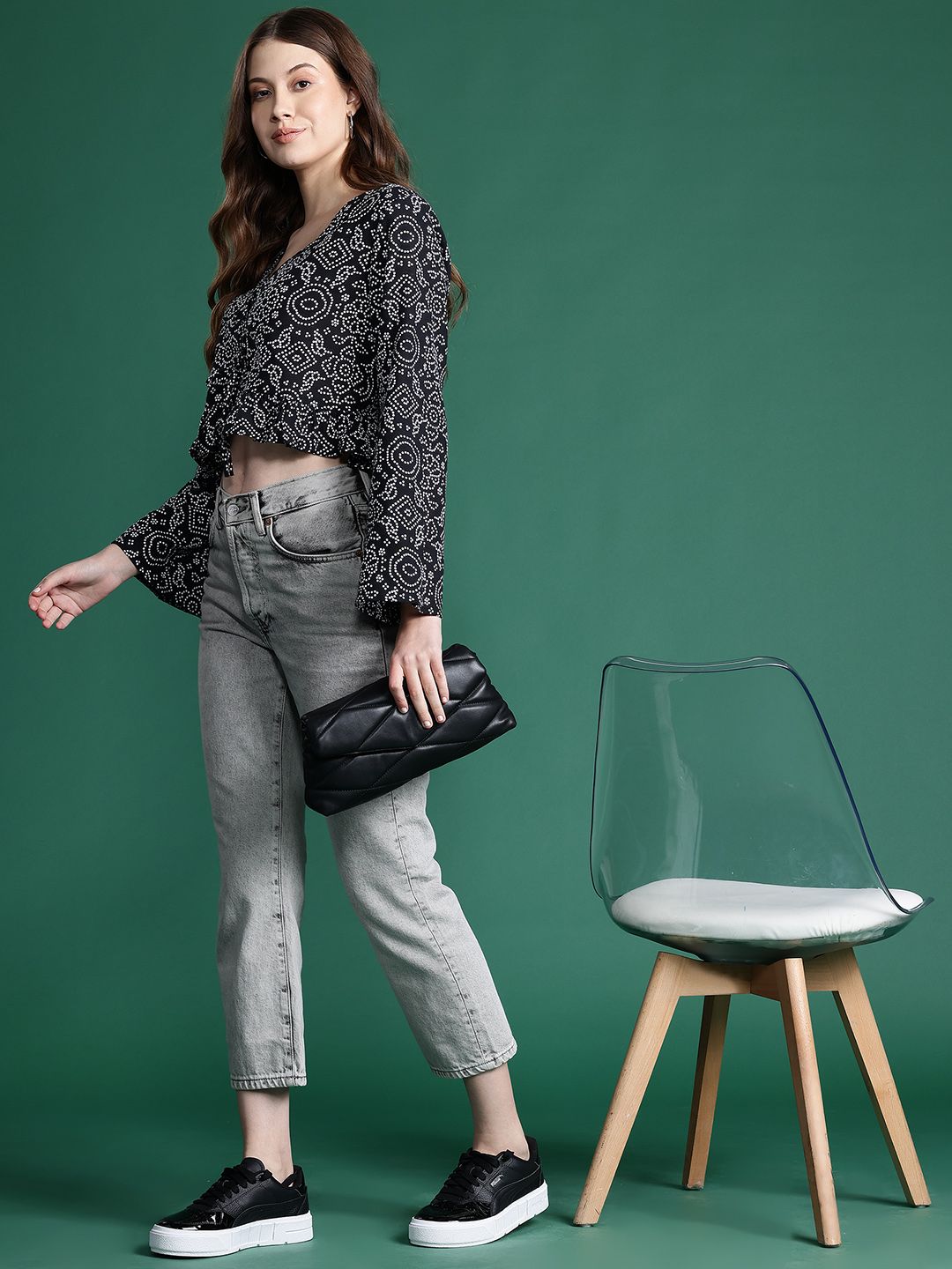 DressBerry Printed Flared Sleeve Cotton Front Tie-Ups Crop Top