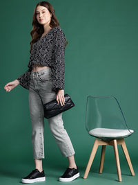 DressBerry Printed Flared Sleeve Cotton Front Tie-Ups Crop Top