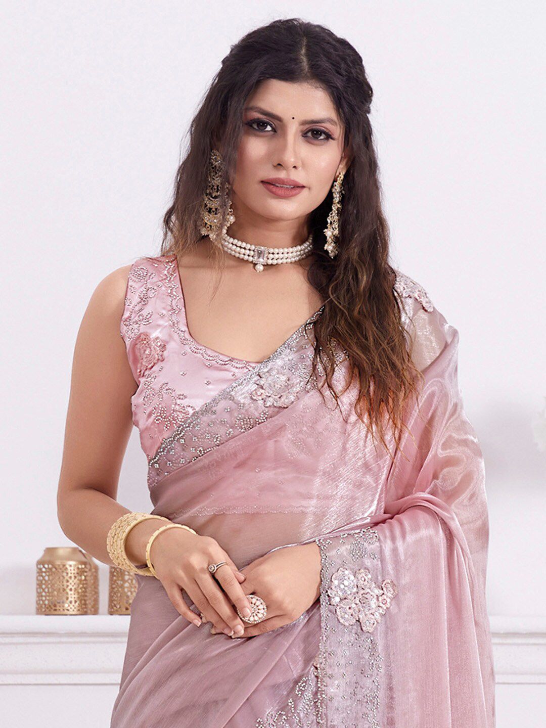 Saree mall Beads and Stones Embellished Organza Saree