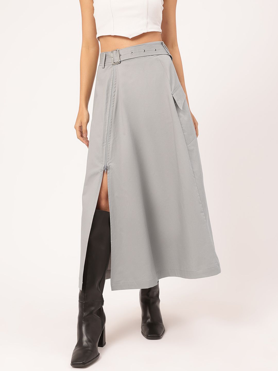 DressBerry Modern Glam Side-Slit A-Line Belted Midi Skirt