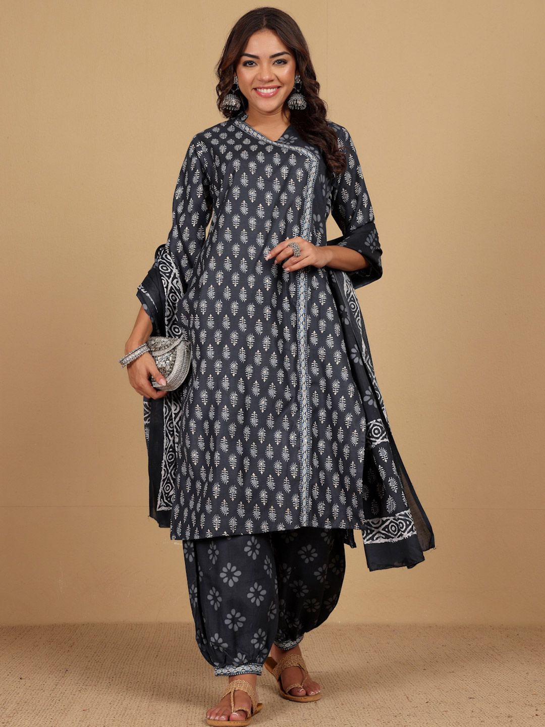 Varanga Floral Printed V-Neck Angrakha Straight Kurta With Salwar And Dupatta