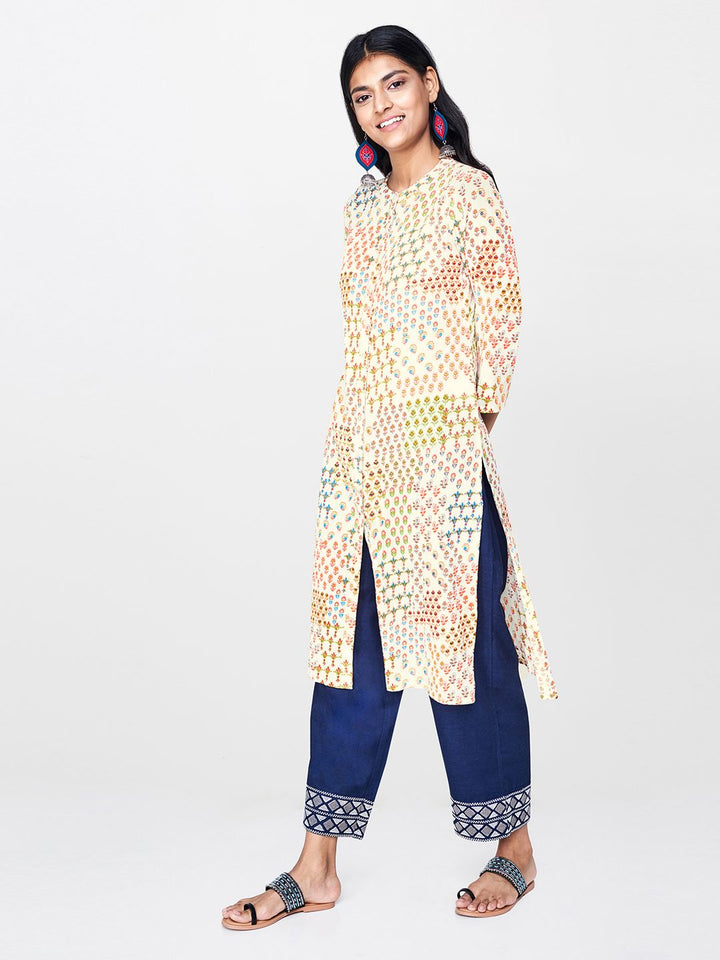 Global Desi Women Off-White & Orange Printed A-Line Kurta