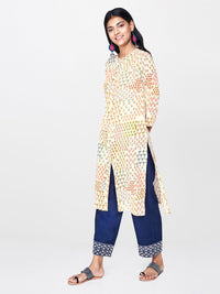 Global Desi Women Off-White & Orange Printed A-Line Kurta