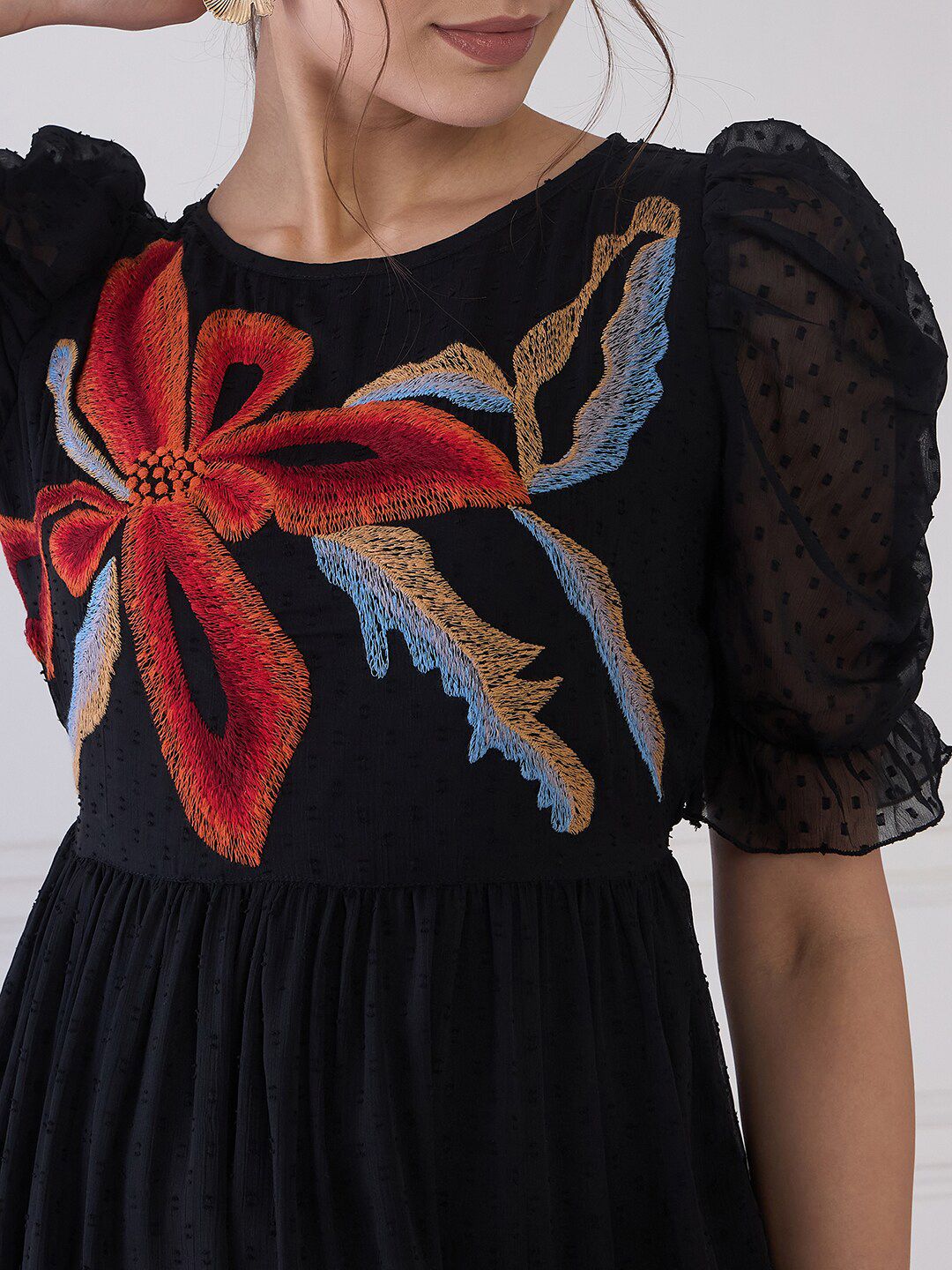 Antheaa Embroidered Round Neck Puff Sleeve Tiered Fit & Flare Midi Dress