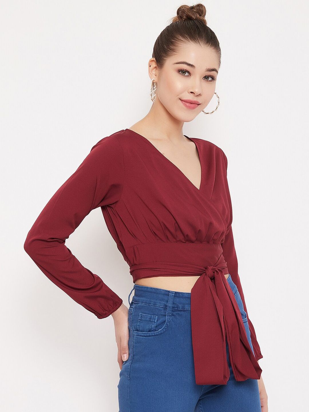 Berrylush Women Maroon Solid Wrap Crop Top