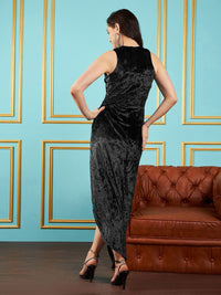 SASSAFRAS Black Asymmetric Neck Velvet Maxi Dress