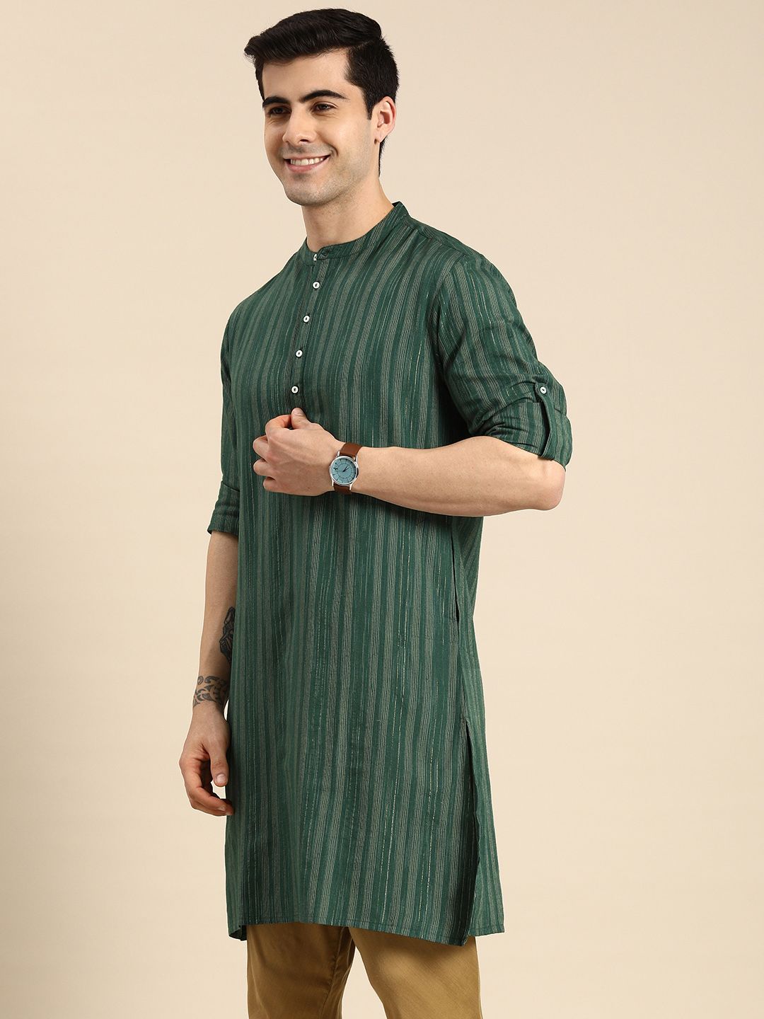 Anouk Men Green & Gold-Toned Striped Mandarin-Collar Kurta