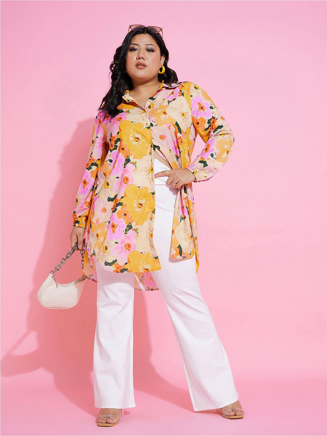 SASSAFRAS Curve Plus Size Floral Printed Comfort Longline Casual Shirt