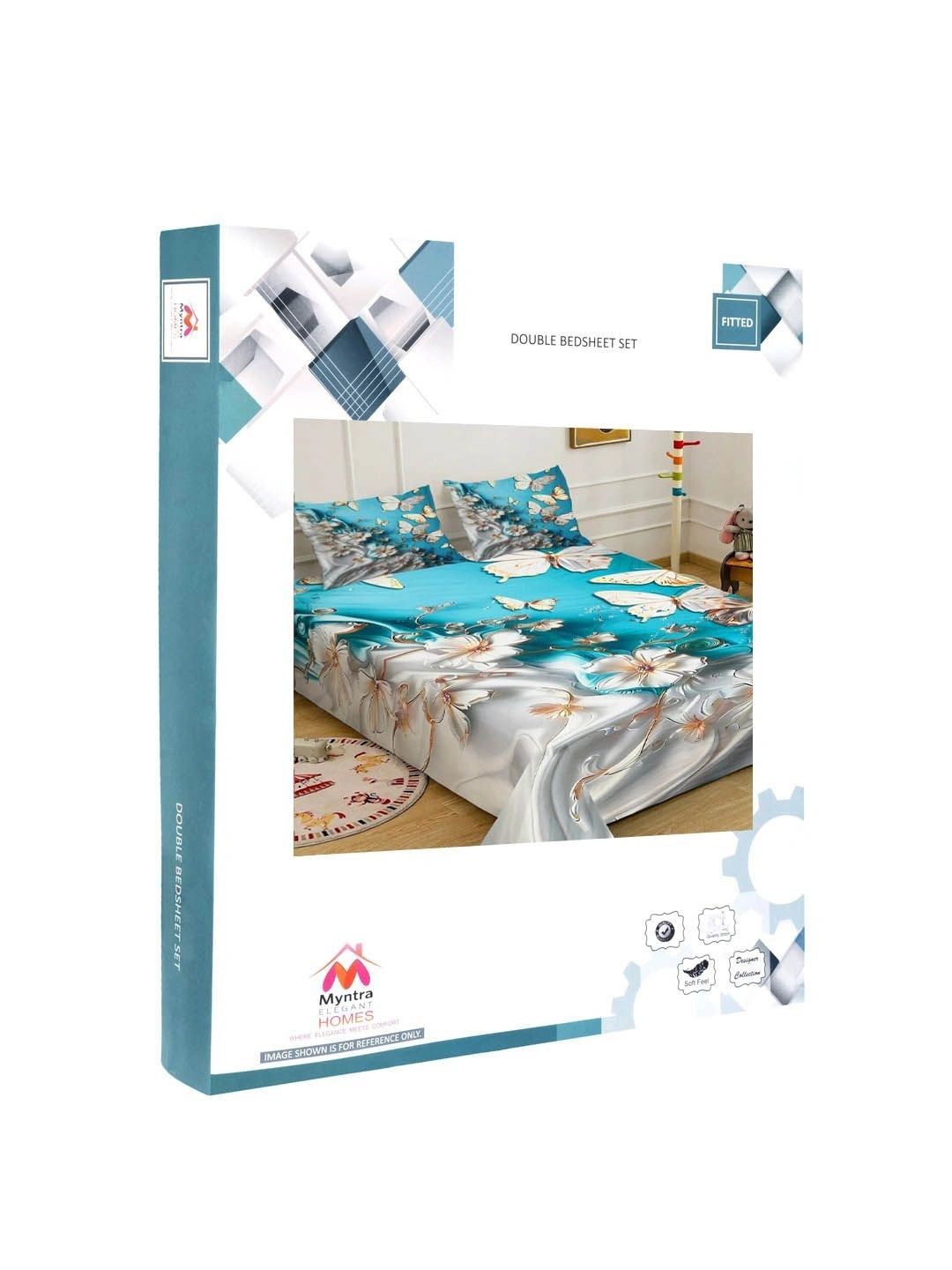Myntra Elegant Homes Blue & Grey Floral 400 TC King Bedsheet with 2 Pillow Covers
