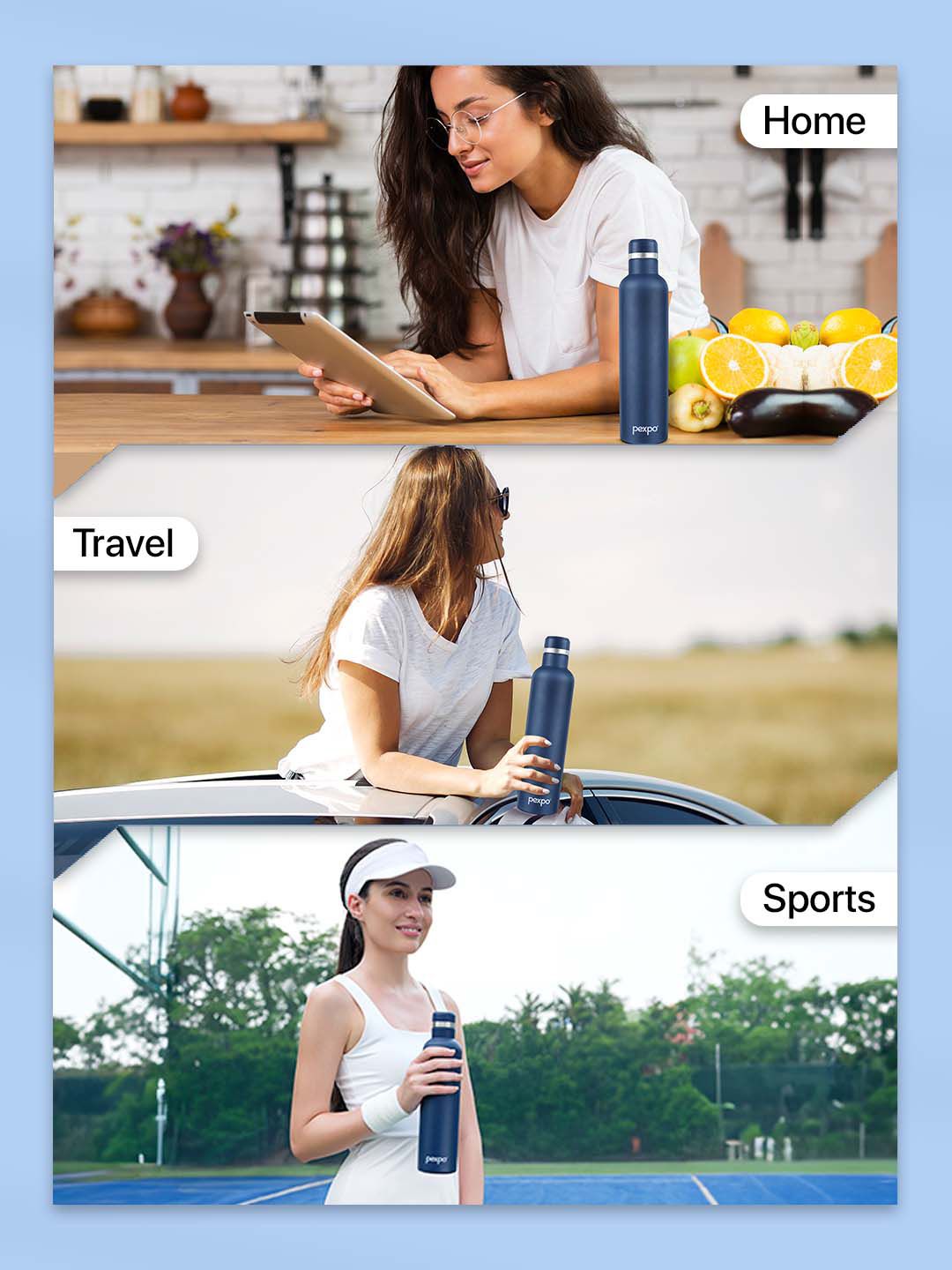 Pexpo Oreo Denim Blue Thermosteel ISI Certified Hot Flask Insulated Water Bottle 1000ml