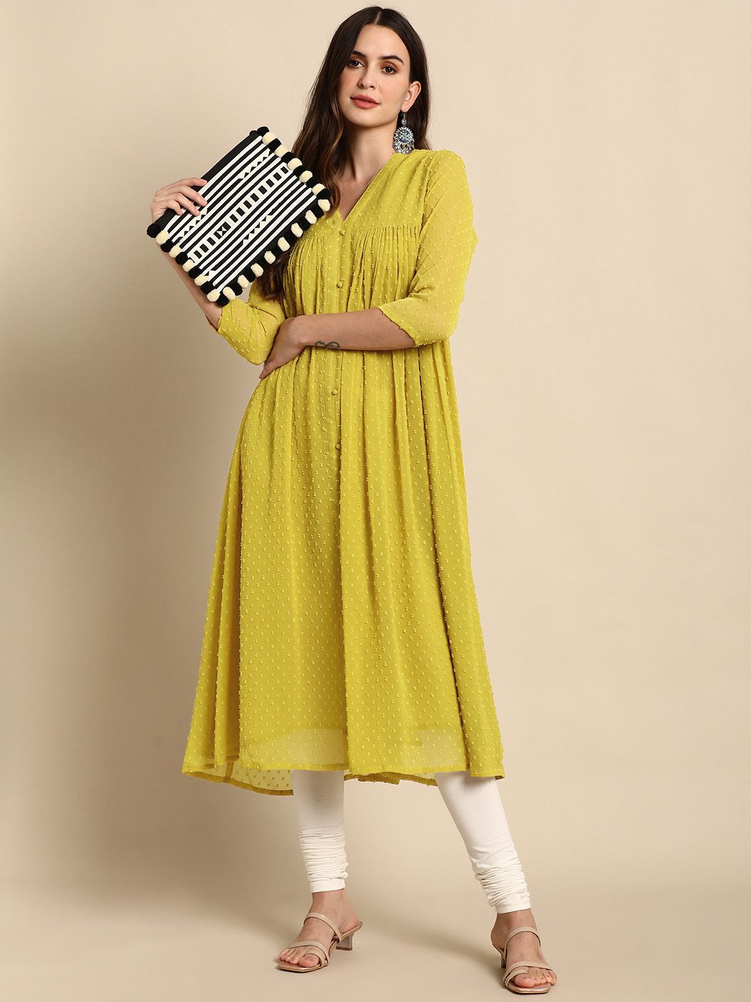 Janasya Women Mustard Chiffon Self Design Front Slit Kurta