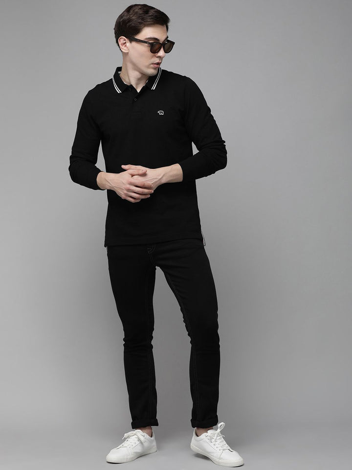 THE BEAR HOUSE Men Black Polo Collar with Tipping Pure Cotton Slim Fit T-shirt