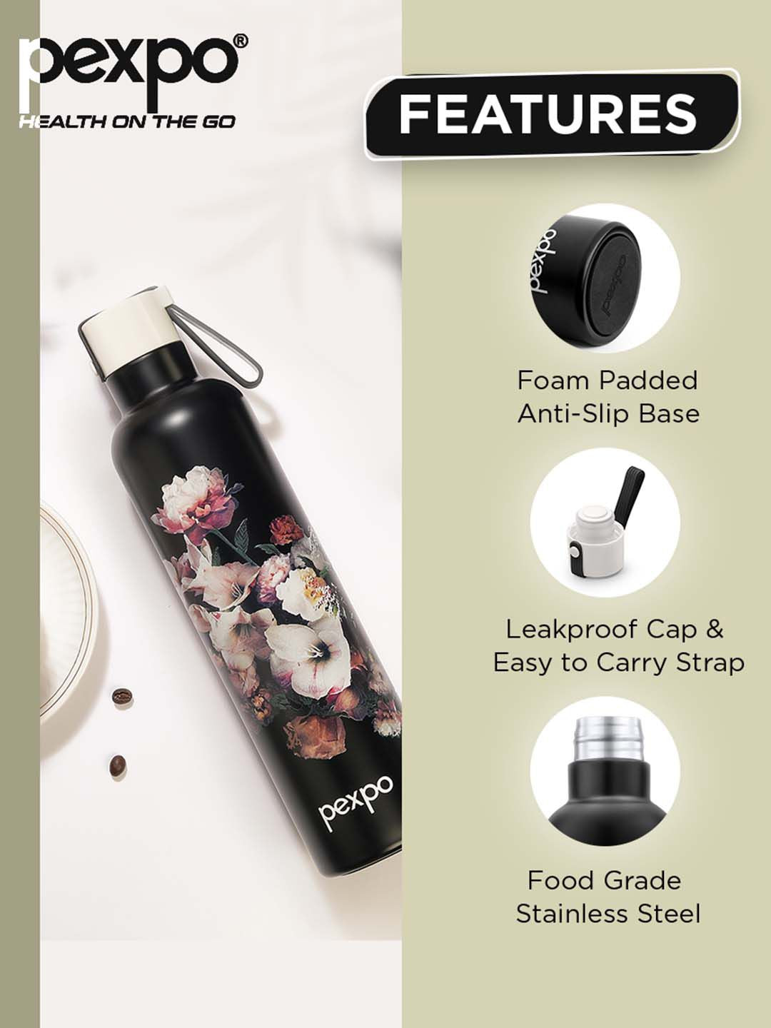 Pexpo Black OSLO-ISI Certified Thermosteel Floral Hot and Cold Flask Water Bottle 750 ml