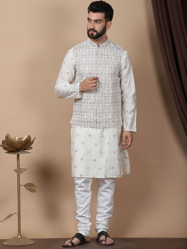 Anouk Cream-Coloured Floral Embroidered Cotton Silk Kurta with Churidar & Nehru Jacket