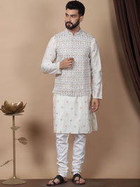 Anouk Cream-Coloured Floral Embroidered Cotton Silk Kurta with Churidar & Nehru Jacket