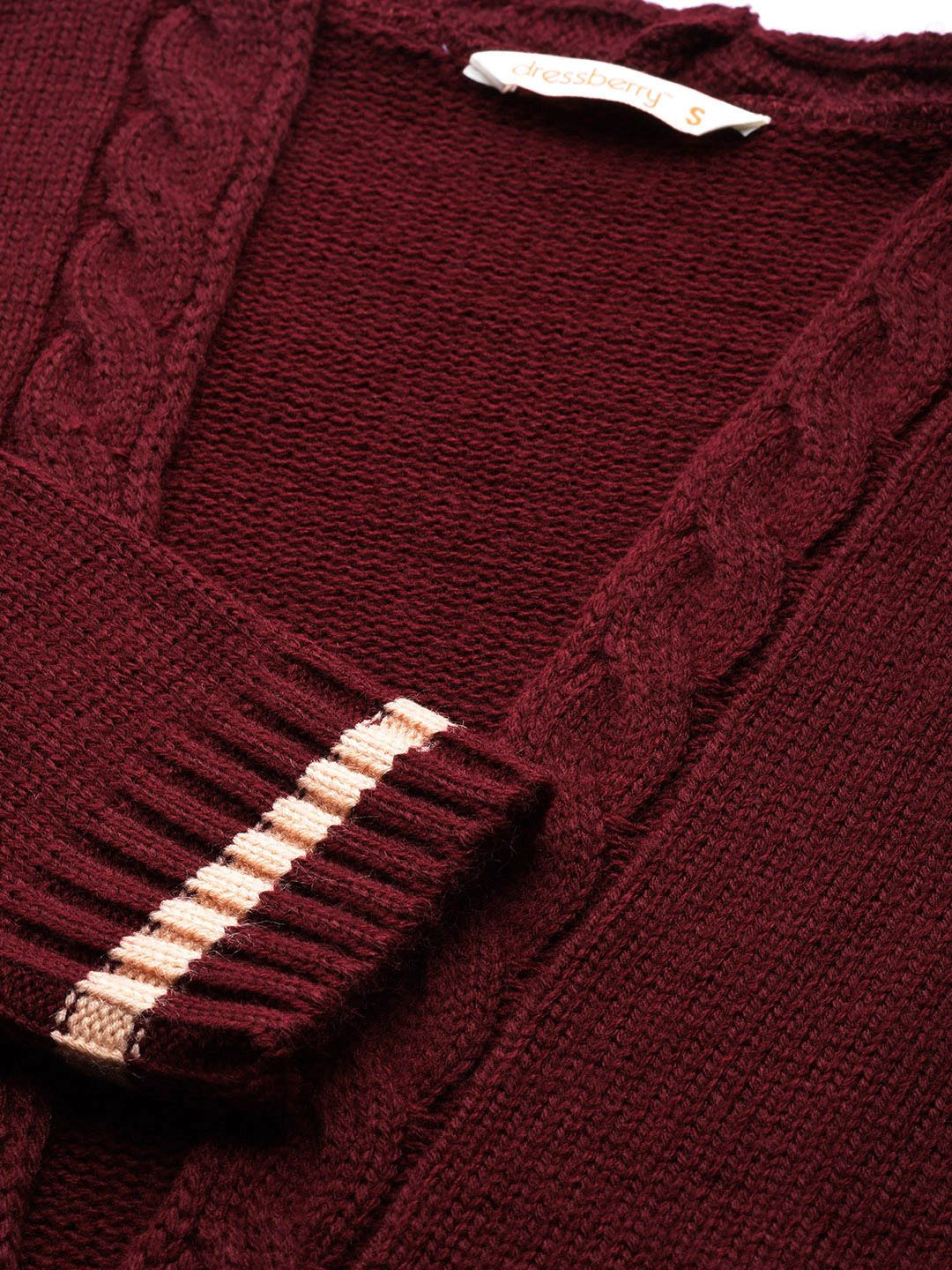 DressBerry Women Maroon Solid Open Front Sweater