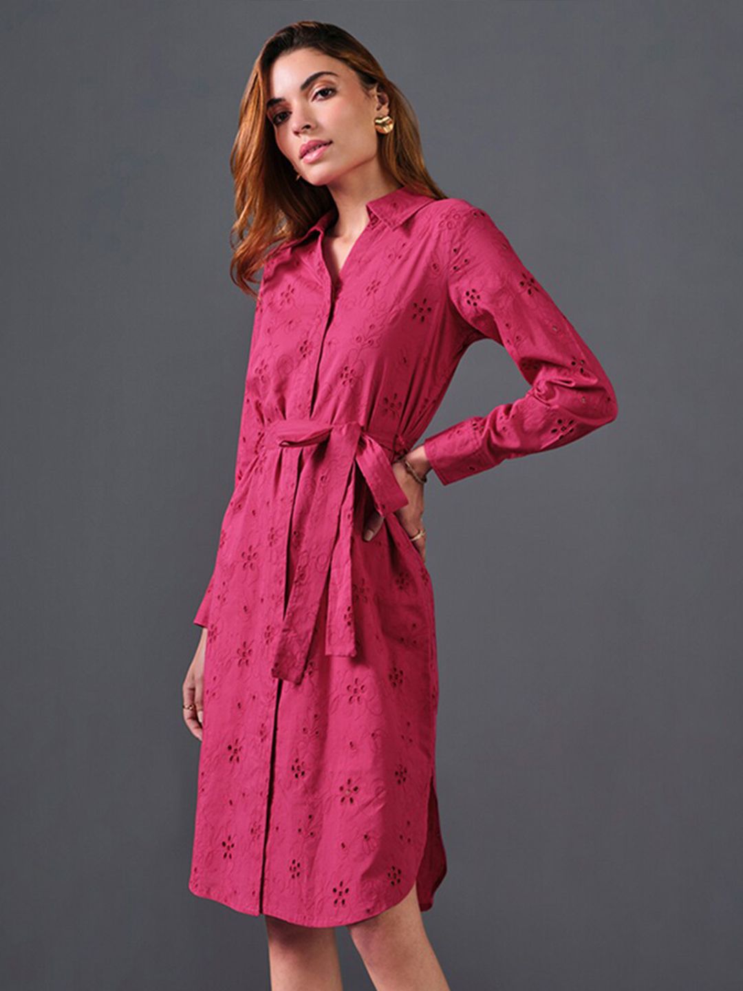 AND Self Design Belted Pure Cotton Shirt Dress