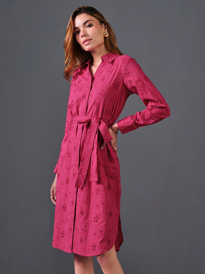 AND Self Design Belted Pure Cotton Shirt Dress