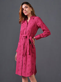AND Self Design Belted Pure Cotton Shirt Dress