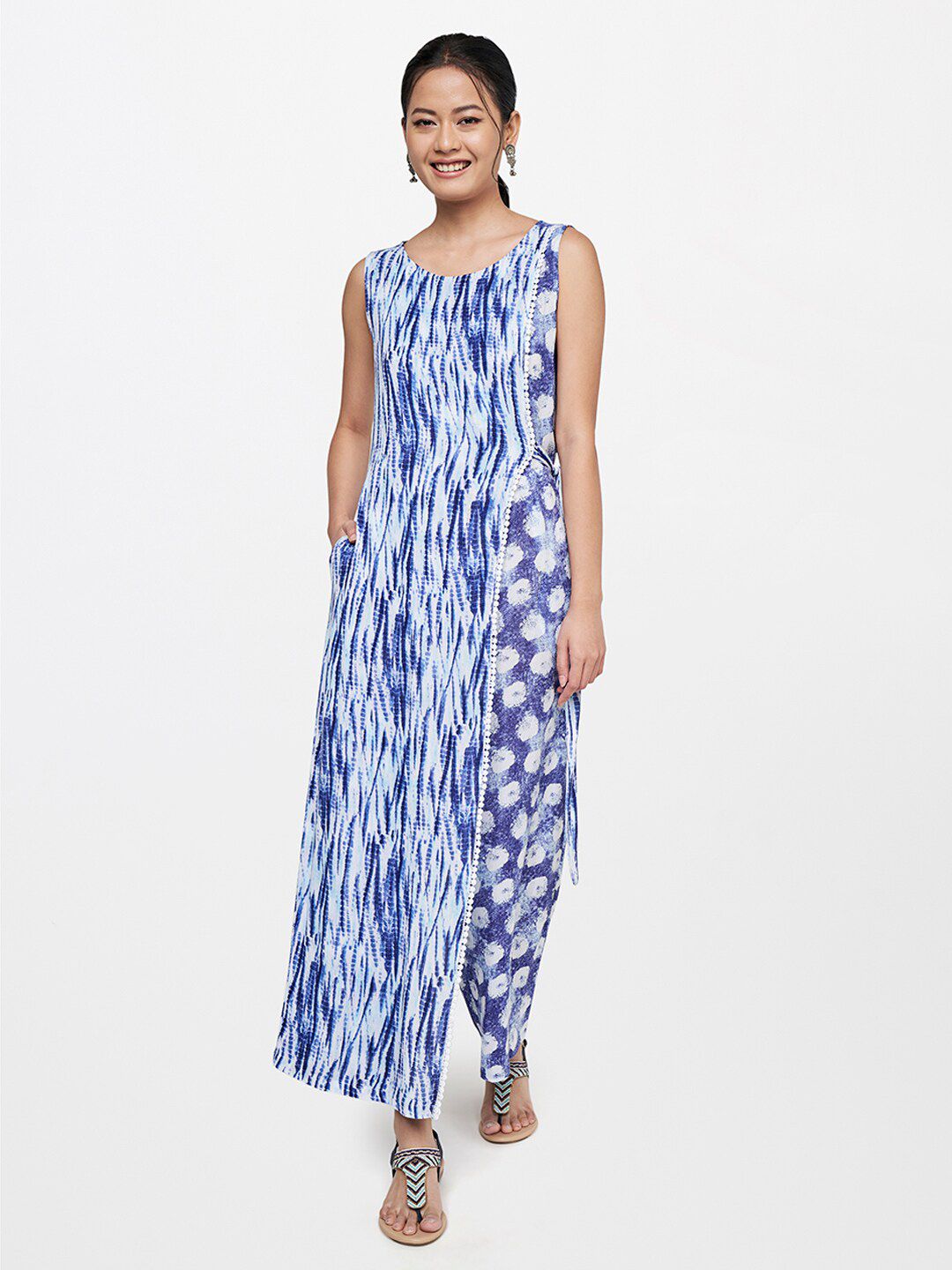 Global Desi Blue & Off White Printed Basic Jumpsuit