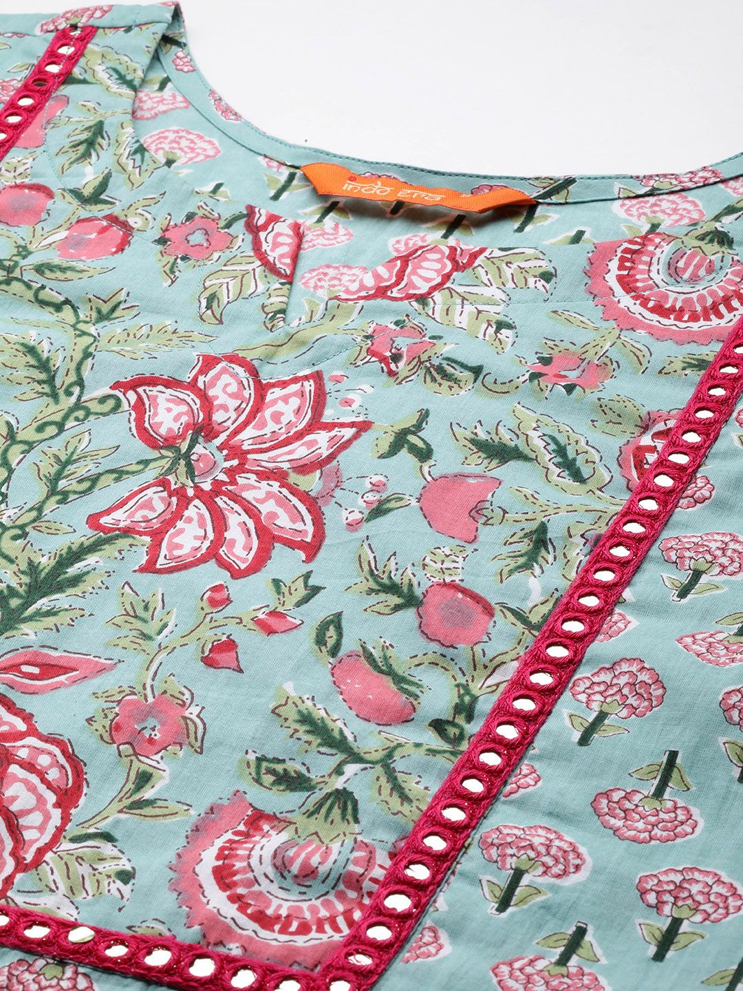Indo Era Women Floral Printed Mirror Work Pure Cotton Kurta with Trousers & With Dupatta