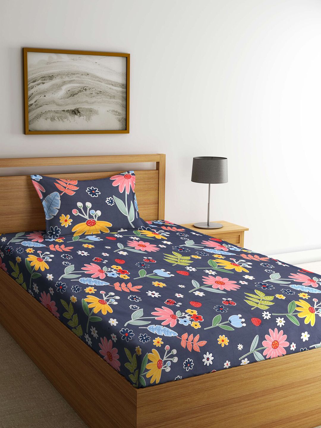 KLOTTHE Biru Kapas Geometrik 210 TC Single Halus 2 Cadar dengan 2 Sarung Bantal-225 x 150 cm