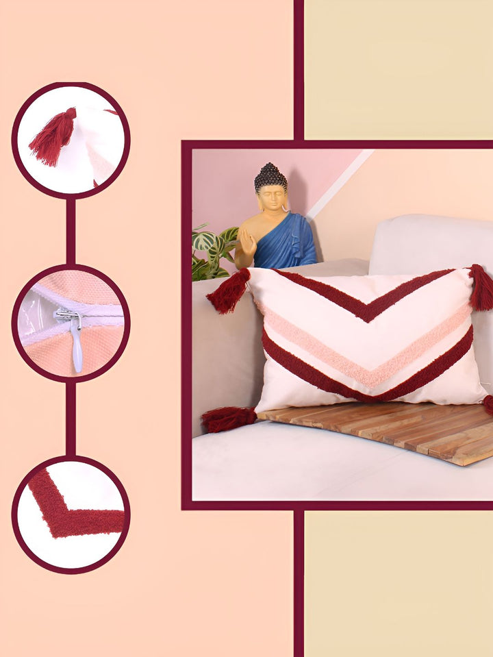 STITCHNEST Maroon & White Embroidered Rectangle Cushion Cover