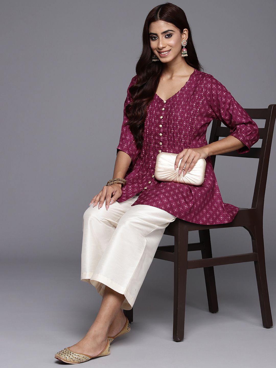 Libas Magenta & Beige Geometric Printed V-Neck Pleated Kurti
