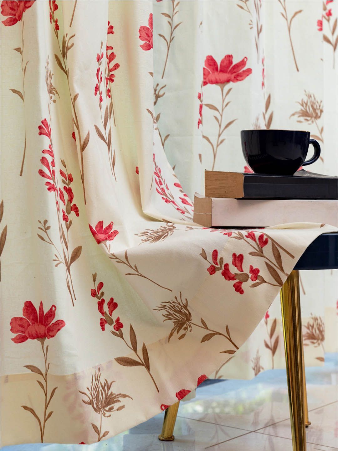 URBAN SPACE White & Pink 2 Pieces Floral Printed Window Curtains
