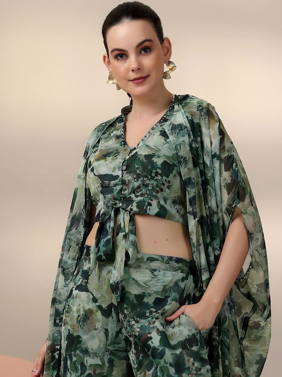 Libas Floral Printed V-Neck Top & Palazzo With Shrug