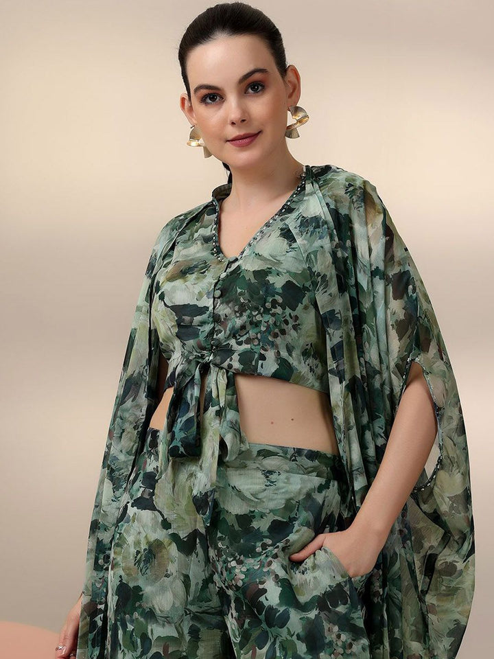 Libas Floral Printed V-Neck Top & Palazzo With Shrug